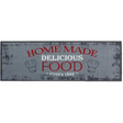 Gray distressed runner mat with red and white text reading Home Made Delicious Food every day, featuring two chef hat icons on either side, 50cm x 150cm kitchen floor mat