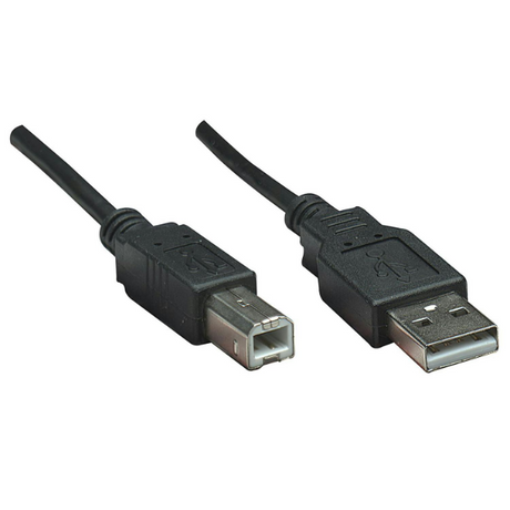 Black USB printer cable with USB Type-A and USB Type-B connectors, 1.8 metre length, showing both connector ends against white background