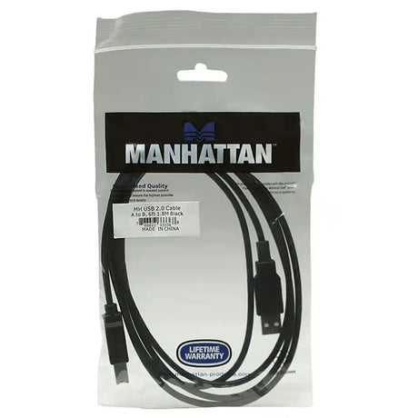 Manhattan USB 2.0 Cable Type A to B 6 feet 1.8M black in clear retail packaging with lifetime warranty badge