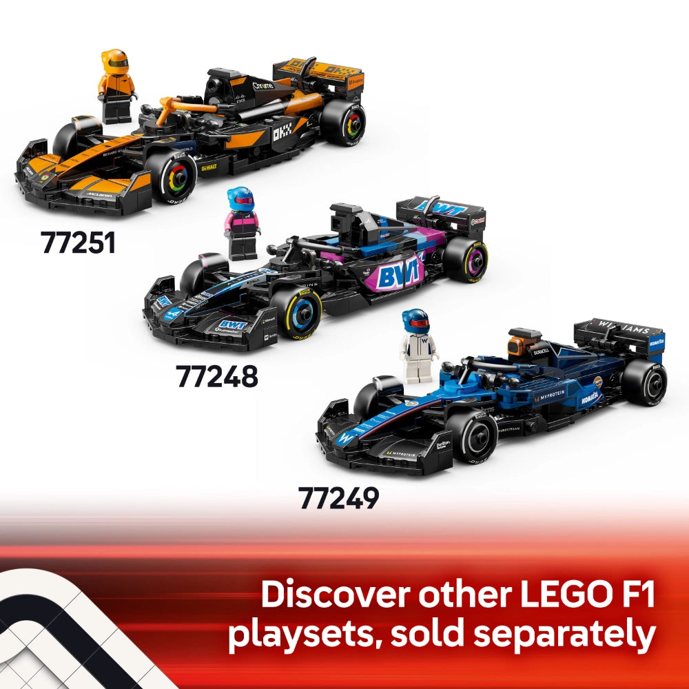 LEGO Mercedes-AMG F1 W15 Race Car 77244 black and silver Formula 1 vehicle with minifigure displayed alongside other LEGO F1 racing sets in orange, blue and pink colorways