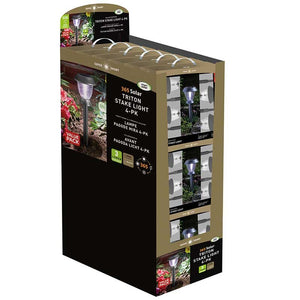 Display stand for 365 Solar Triton Stake Light 4-pack garden lights showing product packaging with multiple boxed units, featuring purple LED solar lights with black and tan colored retail display box