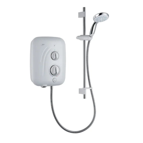 Mira Elite SE Pumped Electric Shower 9.8kW white wall-mounted unit with dual control knobs, chrome shower head and flexible hose on white background