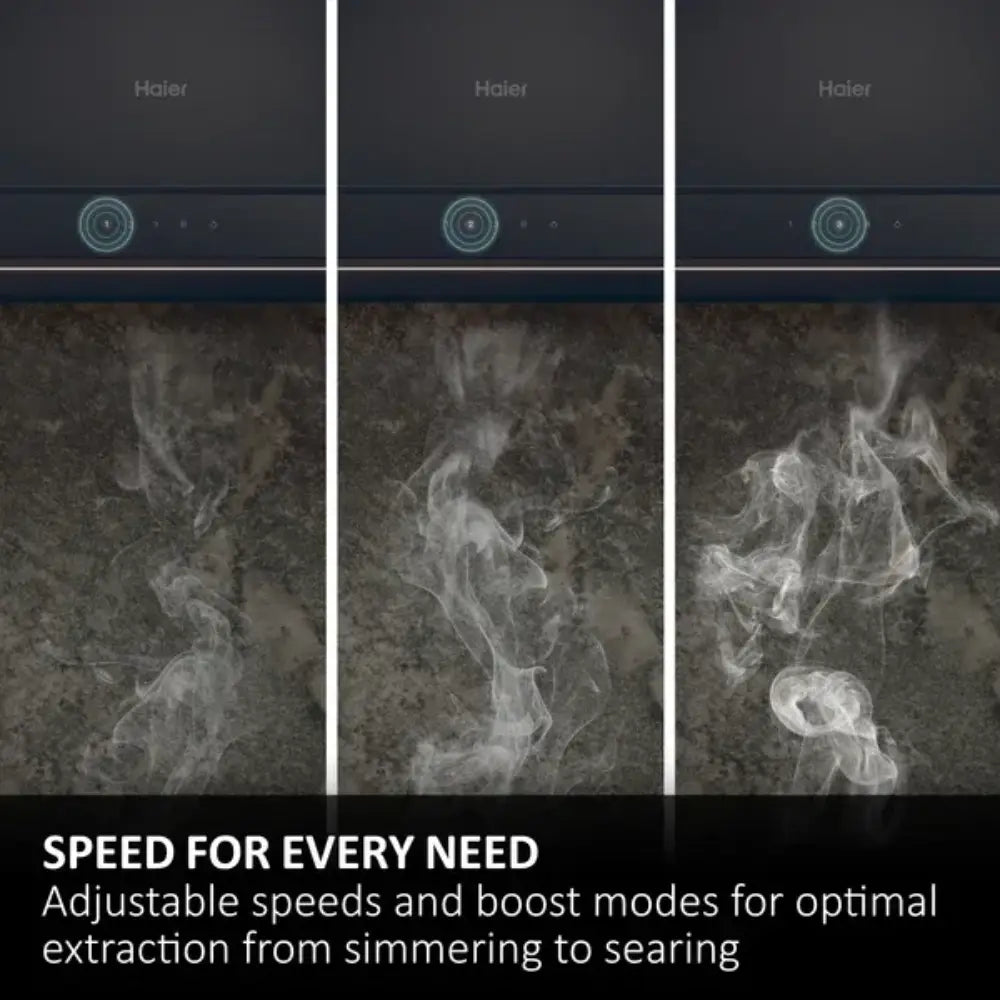 Haier black chimney cooker hood 90cm showing three thermal imaging views demonstrating adjustable extraction speeds from simmering to searing with boost modes