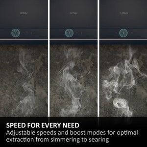 Haier black chimney cooker hood 90cm showing three thermal imaging views demonstrating adjustable extraction speeds from simmering to searing with boost modes