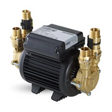 Monsoon Standard S 2.0 Bar Twin Shower Pump with black motor housing and brass fittings, featuring four threaded connectors and control panel on top