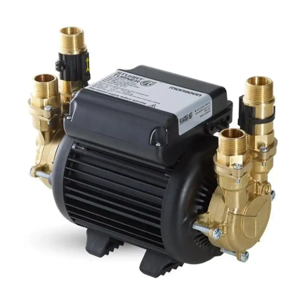 Monsoon Standard S 2.0 Bar Twin Shower Pump with black motor housing and brass fittings, featuring four threaded connectors and control panel on top