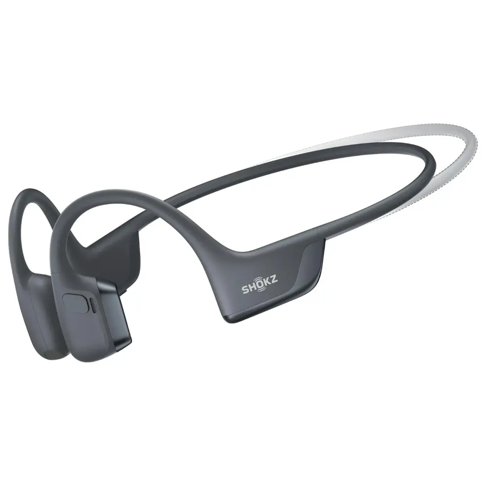 Shokz OpenRun Pro 2 Mini black open-ear wireless headphones with bone conduction technology, featuring a flexible titanium band and ear-loop design for secure fit during workouts