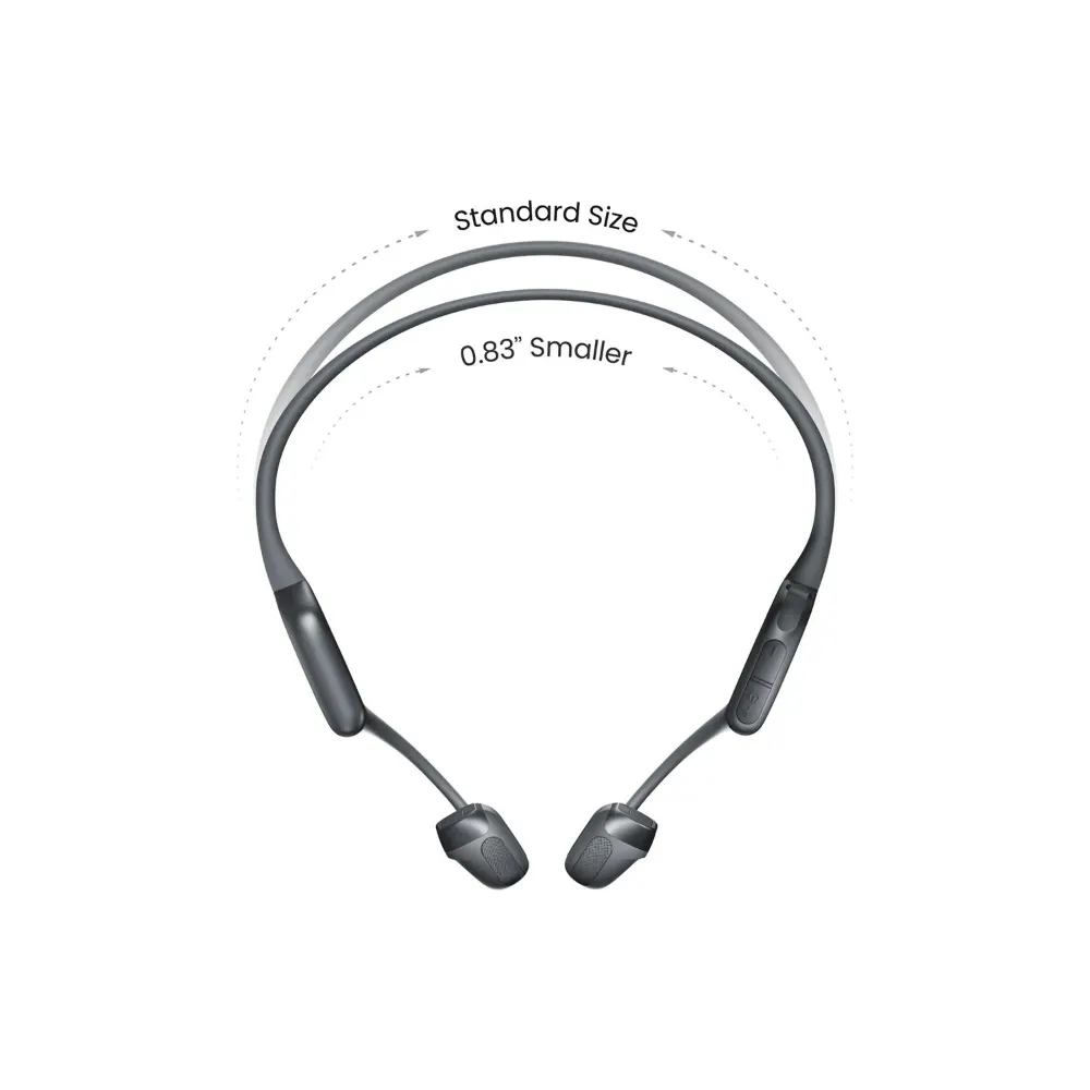 Shokz OpenRun Pro 2 Mini black wireless open ear headphones showing standard and 0.83 inch smaller size comparison with curved titanium band and ear loops