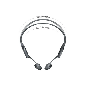 Shokz OpenRun Pro 2 Mini black wireless open ear headphones showing standard and 0.83 inch smaller size comparison with curved titanium band and ear loops