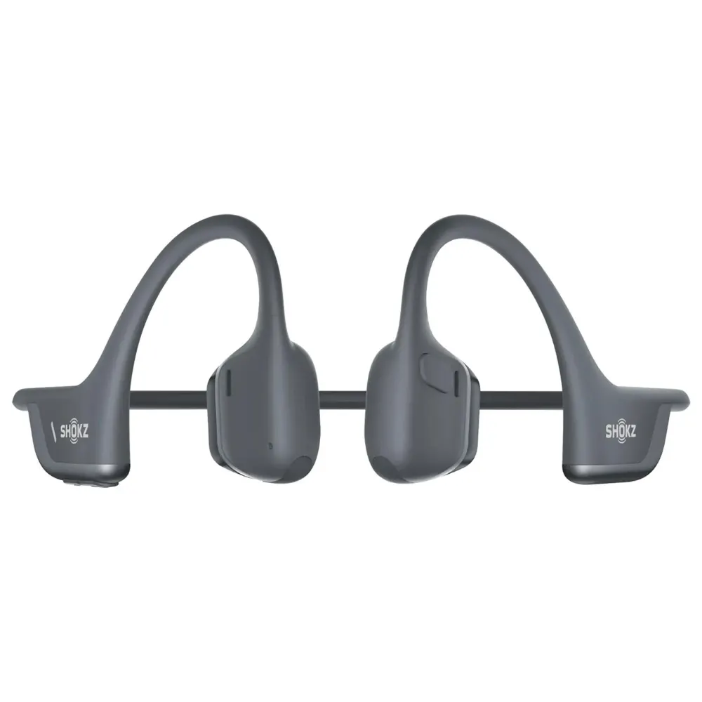 Shokz OpenRun Pro 2 Mini black open-ear wireless headphones with curved ear loops connected by a flexible black band, shown from front view displaying both earpieces and over-ear design