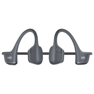 Shokz OpenRun Pro 2 Mini black open-ear wireless headphones with curved ear loops connected by a flexible black band, shown from front view displaying both earpieces and over-ear design