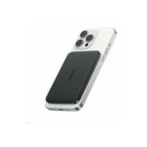 Anker Nano 5000mAh slim black power bank attached to silver iPhone 14 Pro showing triple camera setup and USB-C port