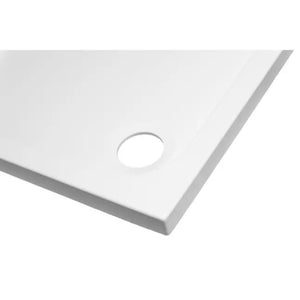 White rectangular shower tray with 50mm high edge and central circular drain hole, viewed from above at an angle showing the beveled edge detail