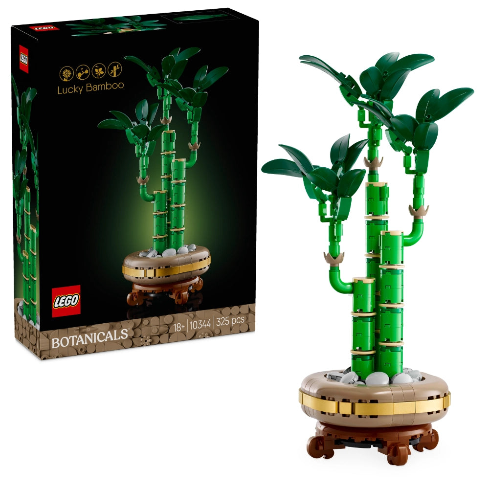 LEGO Lucky Bamboo 10344 set showing green bamboo stalks with leaves on decorative pot with gold and tan bands, displayed next to original packaging box labeled Botanicals with 325 pieces for ages 18+