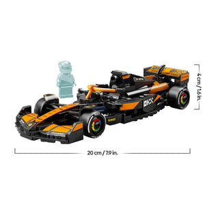 LEGO McLaren F1 Team MCL38 race car set 77251 featuring orange and black Formula 1 vehicle with minifigure, displayed with dimensions of 20cm length and 4.6cm height against white background