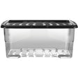 Clear plastic storage box with black lid featuring handles and ventilation slots, 42 litre capacity, front view showing transparent sides and base