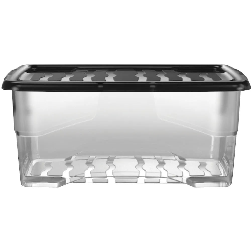 Clear plastic storage box with black lid featuring handles and ventilation slots, 42 litre capacity, front view showing transparent sides and base