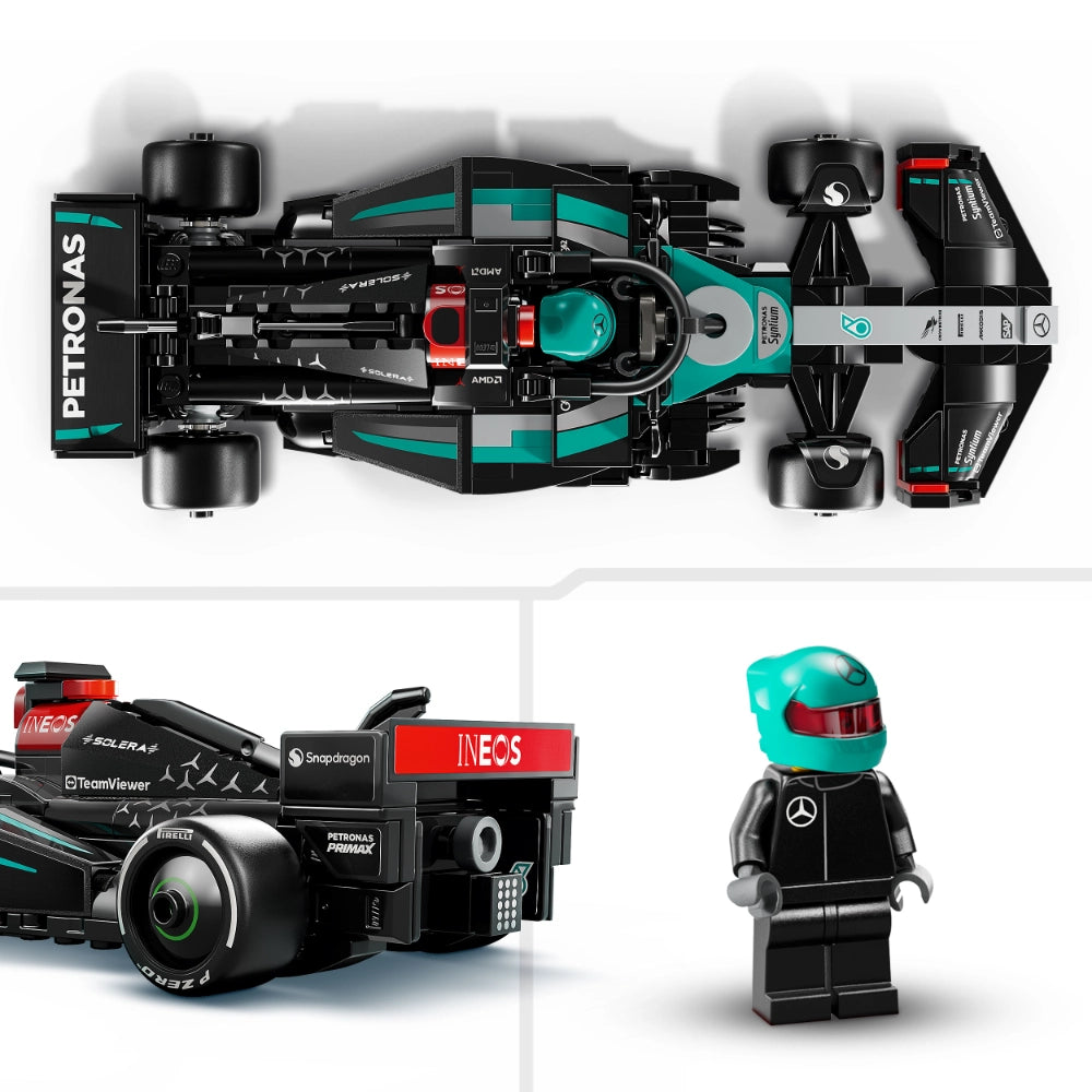 Top-down view of a LEGO Mercedes-AMG F1 W15 race car model in black and turquoise with PETRONAS branding, accompanied by detailed side view, cockpit details, and a black LEGO minifigure driver with turquoise helmet and Mercedes logo