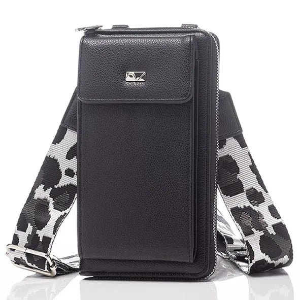 Black pebbled leather crossbody phone purse with geometric patterned shoulder strap by Newgrange Living, front view showing zipper flap closure and metal logo plate