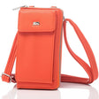 Burnt orange leather crossbody phone purse with front flap pocket, silver hardware, and adjustable shoulder strap by Newgrange Living