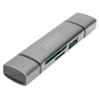 Digitus dual card reader hub in silver metal with USB-C and USB 3.0 ports, featuring integrated card slots and compact design