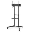 Black metal mobile TV cart stand with dual vertical poles, adjustable VESA mount bracket at top, mid-level shelf, and wheeled base for 37 to 70 inch displays
