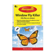 Aeroxon Window Fly Killer 4 pack box featuring yellow header with red oval logo, product name in black text, and image of orange and black monarch butterflies on blue sky background with window panes, red footer banner stating Effective since 1911