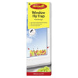 Aeroxon Window Fly Trap packaging showing yellow header with red logo, blue window scene with fruit design and flies, pack of 4 stickers, non-toxic glue trap for house and fruit flies, effective since 1911