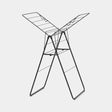 Line drawing of Brabantia HangOn Winged Clothes Airer in black, showing folded metal frame with extended wing panels and horizontal drying rails for hanging laundry