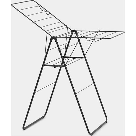 Black metal freestanding clothes airer with winged design and multiple horizontal drying bars, showing 15 metres of drying space with folded wings extended to sides