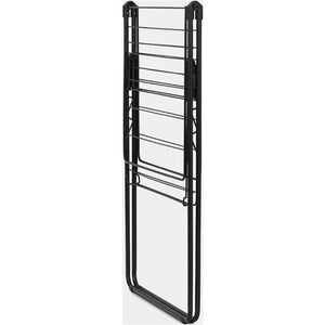 Black metal winged clothes airer with multiple horizontal drying rails, compact foldable design, Brabantia HangOn model for air drying laundry