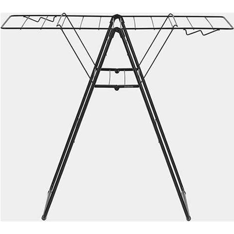 Black metal A-frame clothes airer with winged drying lines suspended from ceiling bracket, featuring multiple horizontal rails for hanging laundry