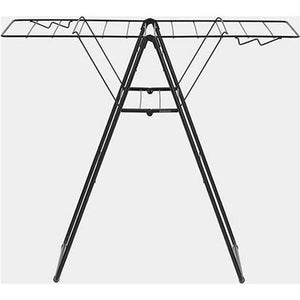 Black metal A-frame clothes airer with winged drying lines suspended from ceiling bracket, featuring multiple horizontal rails for hanging laundry