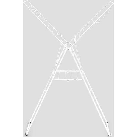 Brabantia HangOn Winged Clothes Airer 20 Metre in white, viewed from above showing two extended wings with gridded drying sections, central hanging rail, and sturdy metal legs on grey background