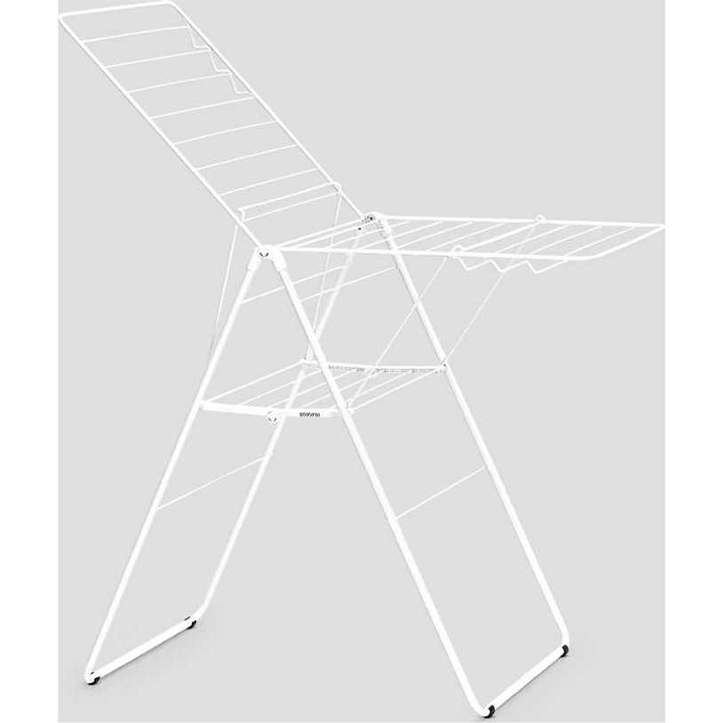 Brabantia HangOn Winged Clothes Airer in white metal frame with multiple hanging rails and extended wings, displayed against grey background, 20 metre drying capacity