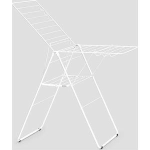 Brabantia HangOn Winged Clothes Airer in white metal frame with multiple hanging rails and extended wings, displayed against grey background, 20 metre drying capacity
