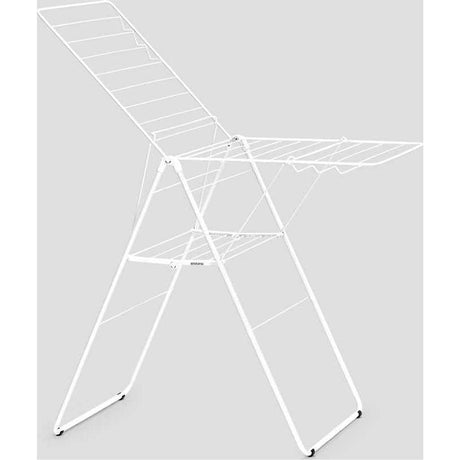 Brabantia HangOn Winged Clothes Airer in white metal frame with multiple hanging rails and extended wings, displayed against grey background, 20 metre drying capacity