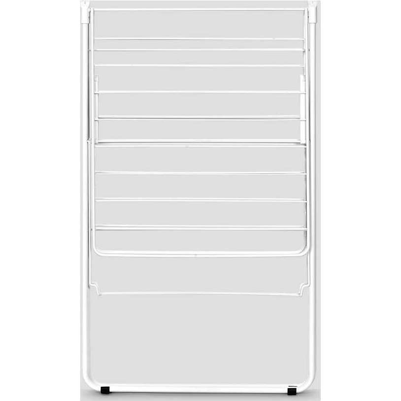 White metal winged clothes airer with multiple horizontal drying rails and compact folded design by Brabantia