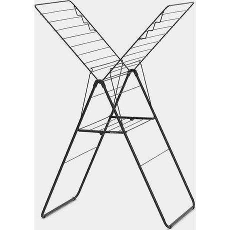 Black metal winged clothes airer with horizontal drying rails shown from front angle view, Brabantia HangOn model with foldable design and sturdy tripod base
