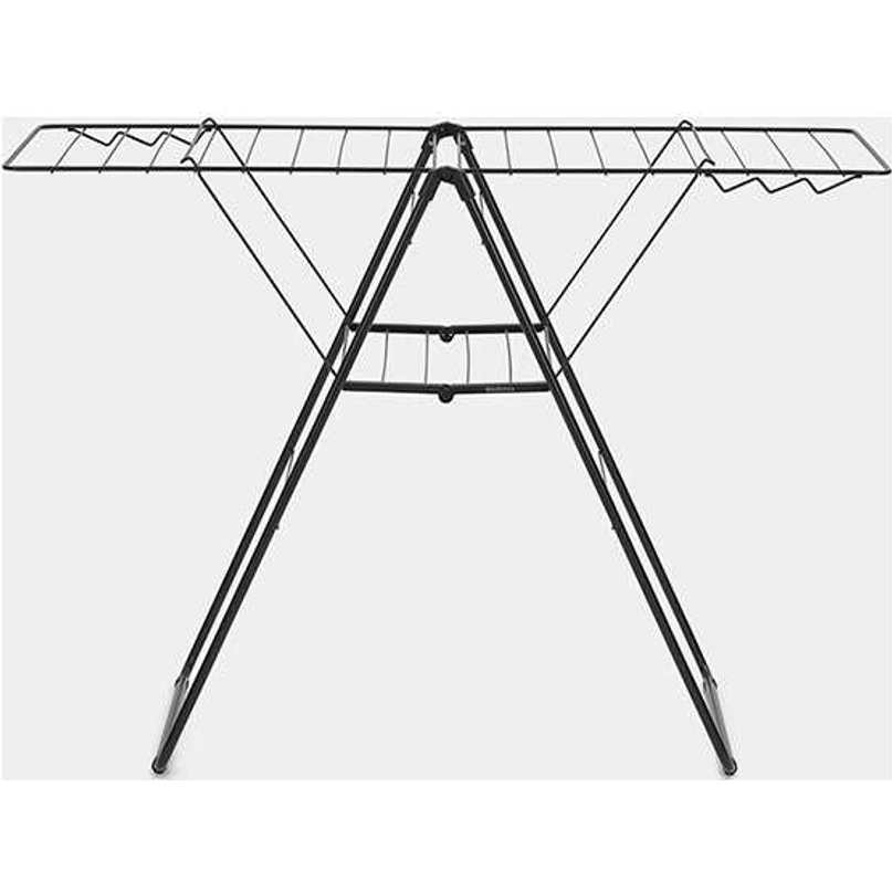 Brabantia HangOn Winged Clothes Airer in black with extended drying wings and metal frame, featuring multiple horizontal hanging bars and collapsible A-frame design for air drying laundry