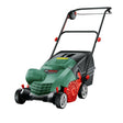 Bosch Universal Verticut 1100W electric verticutter scarifier with green and black body, red fan blades and handles, shown at an angle against white background