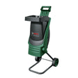 Bosch AXT Rapid 220 garden shredder in green and black with 2200w motor, featuring a hopper funnel at the top, collection bin, and wheeled base for mobility