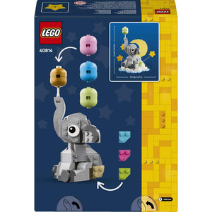 LEGO Iconic Baby Elephant in the Sky 40814 - the back of the box showing play features and box contents. 402 pieces. Ages 18+.