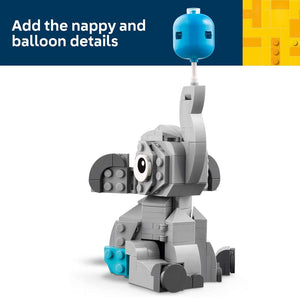 LEGO Iconic Baby Elephant in the Sky 40814 - captioned product view. 402 pieces. Ages 18+.