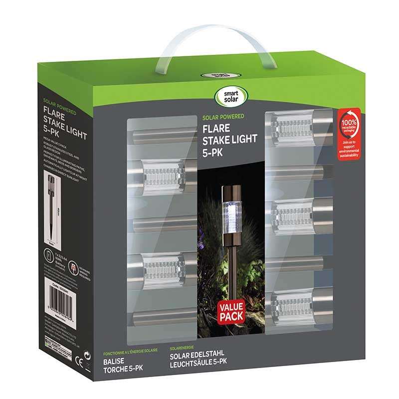 Smart Solar Flare Stake Light 5-pack product packaging featuring green box with transparent window displaying stainless steel solar pathway lights with LED bulbs and grass stakes