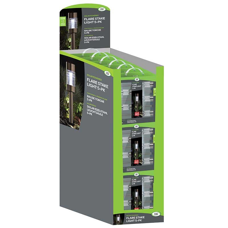 Display stand for Smart Garden Flare Stake Solar Lights 5-Pack showing green and grey retail packaging with multiple product boxes featuring solar-powered garden stake lights with black and metallic finishes