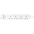 White Masterplug extension lead with 4 AC power sockets and 2 USB charging ports, 1 metre cable, top view showing socket layout and power switch