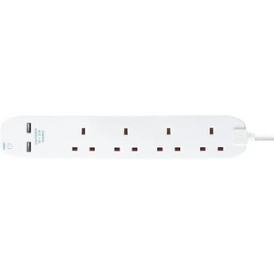 White Masterplug extension lead with 4 AC power sockets and 2 USB charging ports, 1 metre cable, top view showing socket layout and power switch