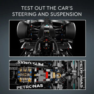 Top-down view of black LEGO Technic Mercedes-AMG F1 W14 E Performance model showing detailed steering and suspension components, with close-up detail image below displaying intricate mechanical parts including gold and blue elements with Petronas branding