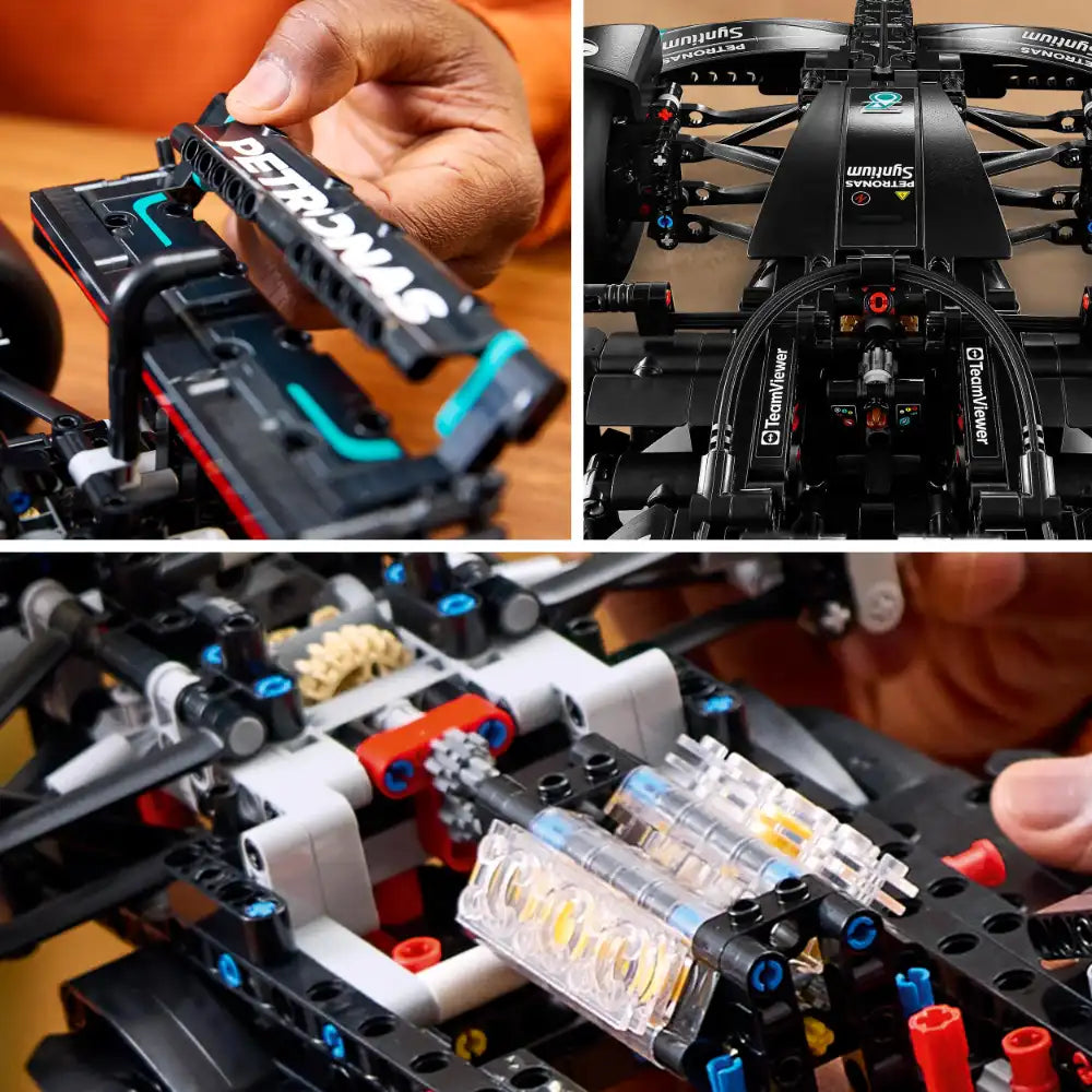 Hand holding black Lego Technic piece above assembled Mercedes-AMG F1 W14 model with cyan and red accents, overhead view of completed black racing car chassis with transparent suspension components, and detailed close-up of suspension system with blue pegs and red mechanical parts